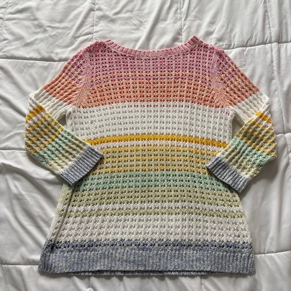 Talbots Rainbow Striped Open Knit 100% Cotton Sweater Pastel Large Layering